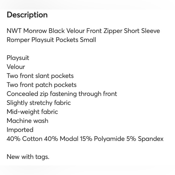 MONROW black velour romper size S new with tags MSRP $175 - Picture 6 of 16
